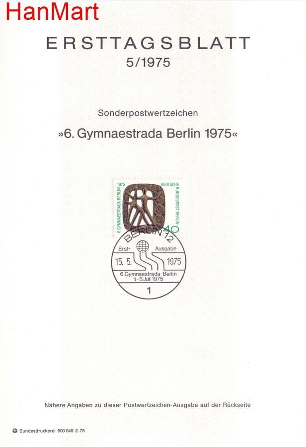 Znaczek Berlin Niemcy 1975 Pierwszy dzień wydania