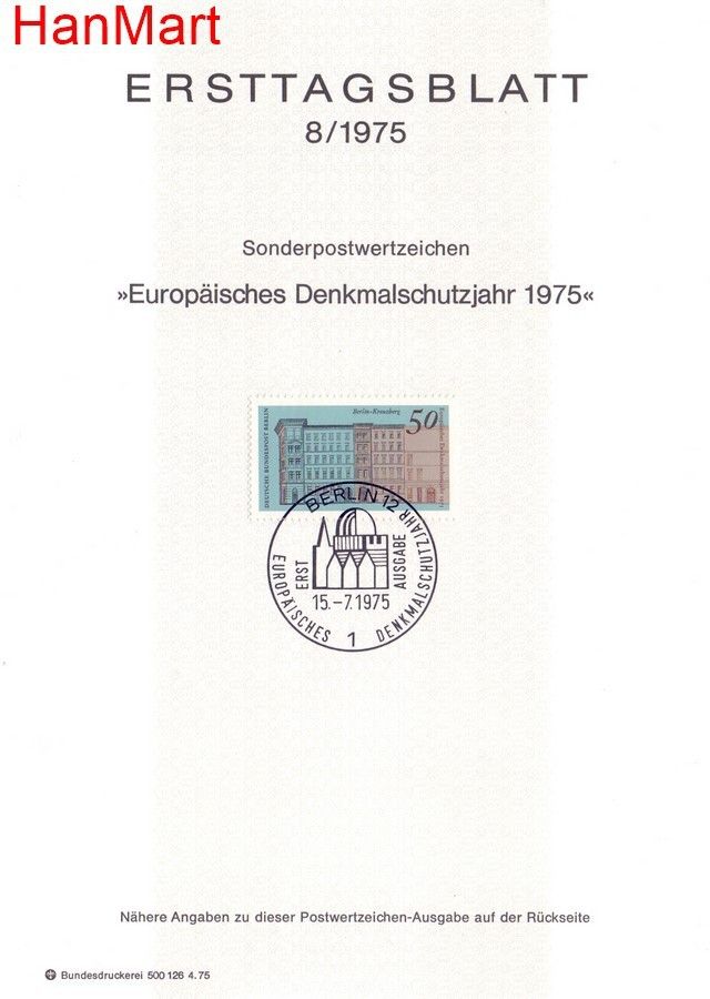 Znaczek Berlin Niemcy 1975 Pierwszy dzień wydania