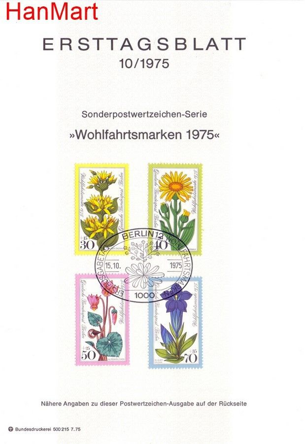 Znaczek Berlin Niemcy 1975 Pierwszy dzień wydania