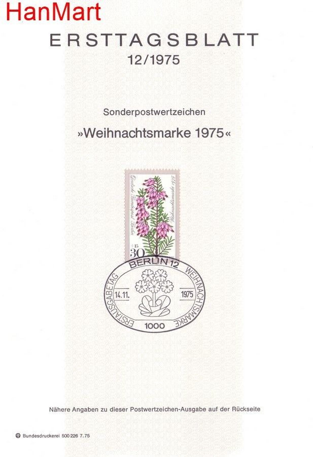 Znaczek Berlin Niemcy 1975 Pierwszy dzień wydania