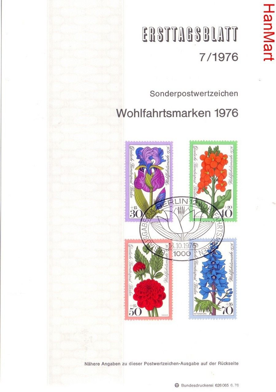 Znaczek Berlin Niemcy 1976 Pierwszy dzień wydania