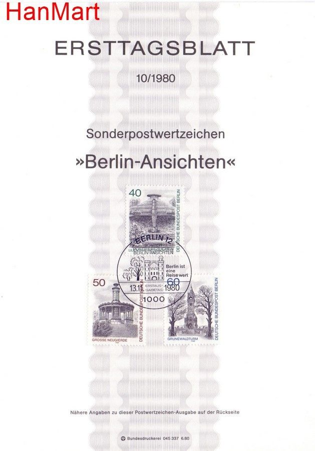 Znaczek Berlin Niemcy 1980 Pierwszy dzień wydania