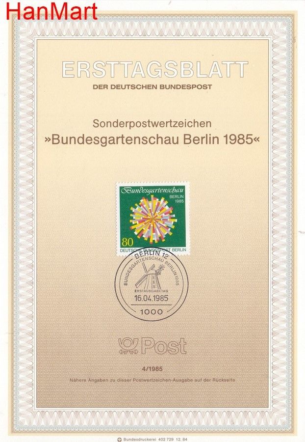 Znaczek Berlin Niemcy 1985 Pierwszy dzień wydania