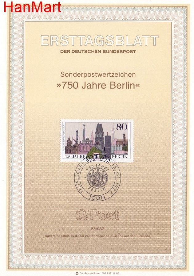 Znaczek Berlin Niemcy 1987 Pierwszy dzień wydania
