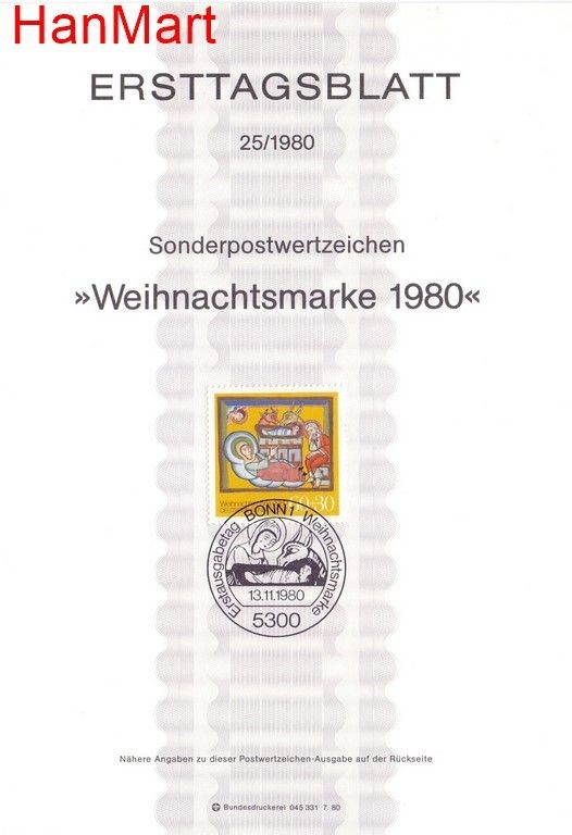 Znaczek Niemcy 1980 Pierwszy dzień wydania