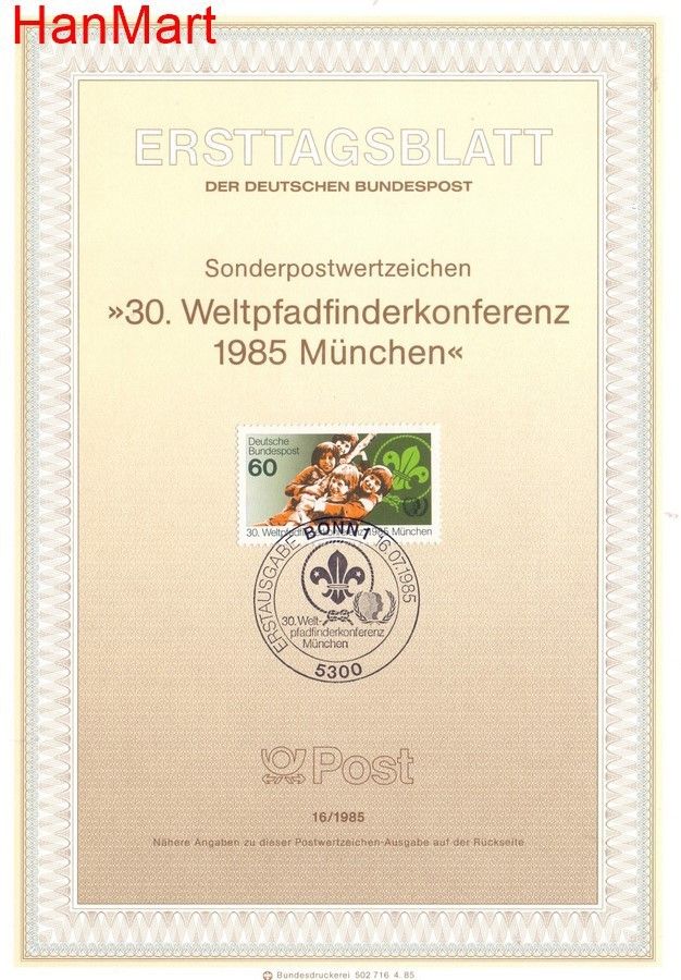 Znaczek Niemcy 1985 Pierwszy dzień wydania