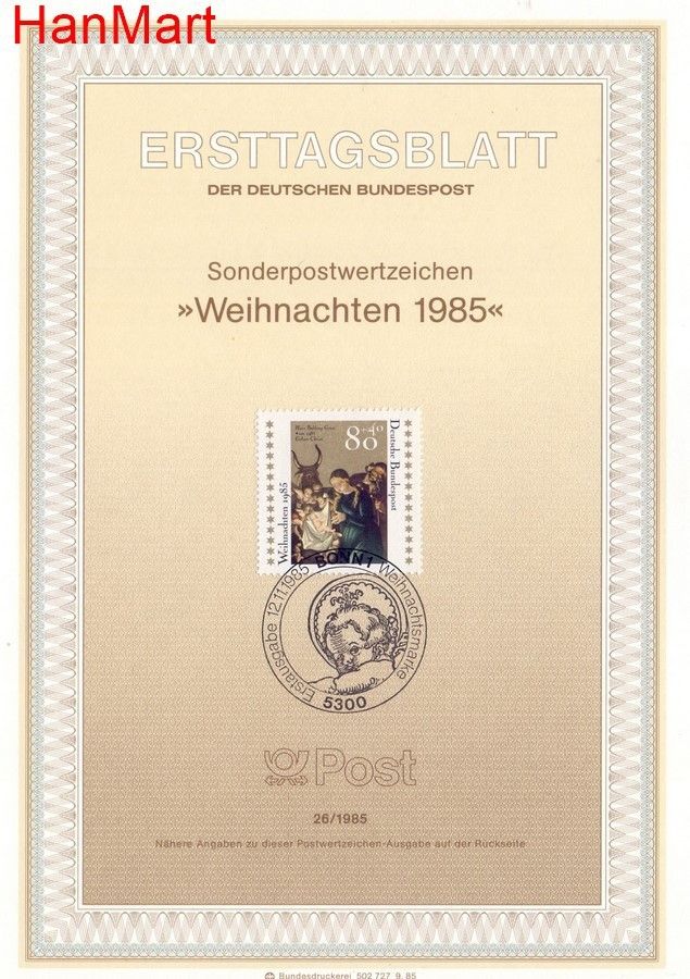 Znaczek Niemcy 1985 Pierwszy dzień wydania