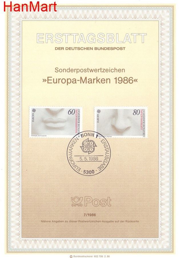 Znaczek Niemcy 1986 Pierwszy dzień wydania