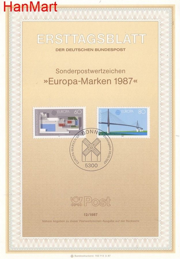 Niemcy 1987 Pierwszy dzień wydania