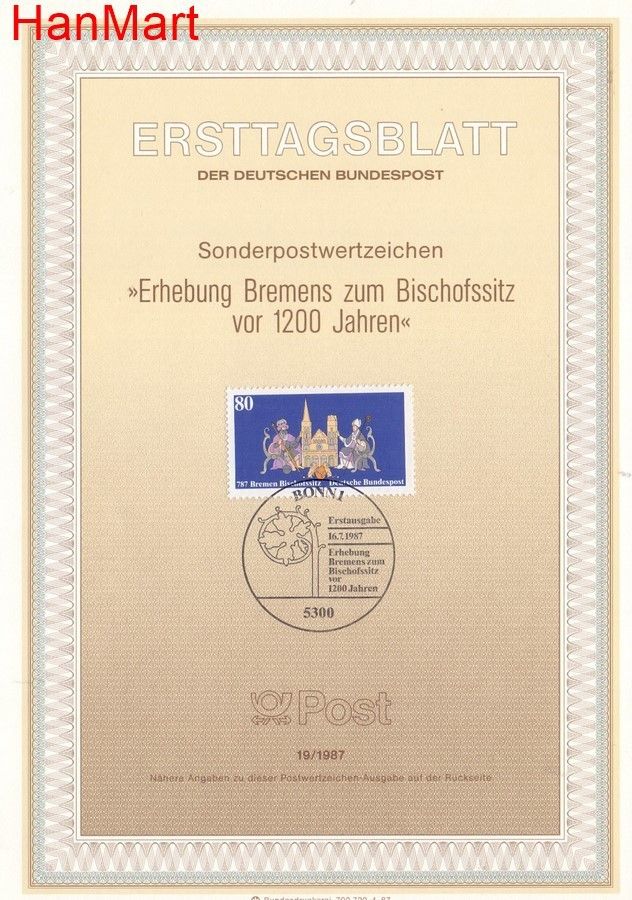 Znaczek Niemcy 1987 Pierwszy dzień wydania