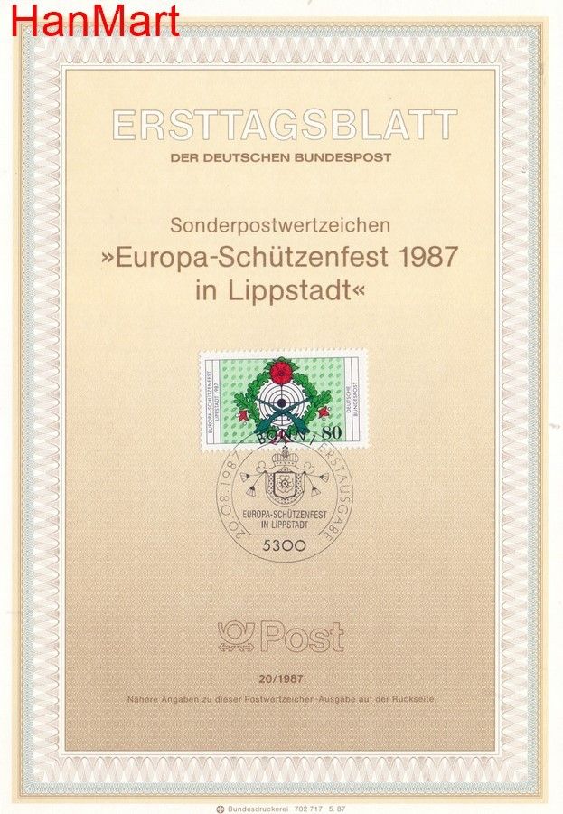 Znaczek Niemcy 1987 Pierwszy dzień wydania