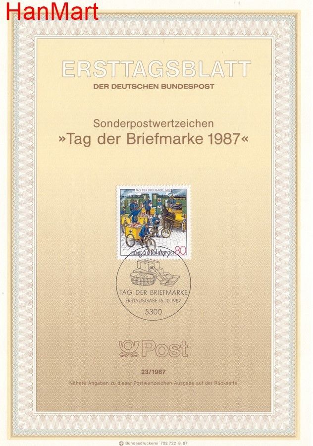 Znaczek Niemcy 1987 Pierwszy dzień wydania