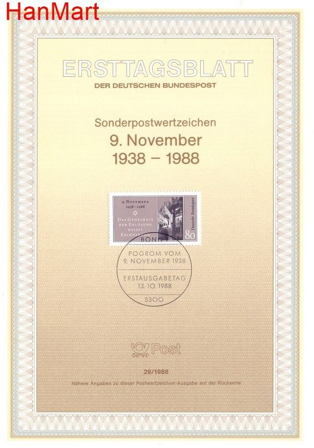 Znaczek Niemcy 1988 Pierwszy dzień wydania