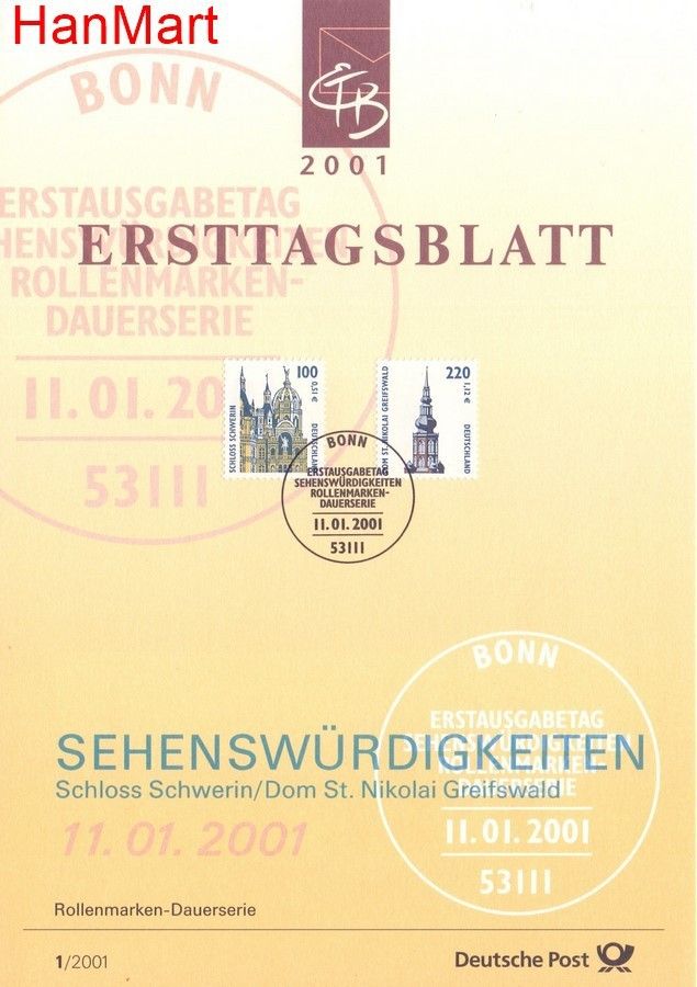 Znaczek Niemcy 2001 Pierwszy dzień wydania