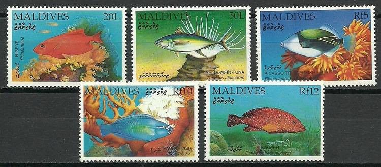 Znaczek Malediwy 1992 Mi 1690+91+94+96+97 Czyste **
