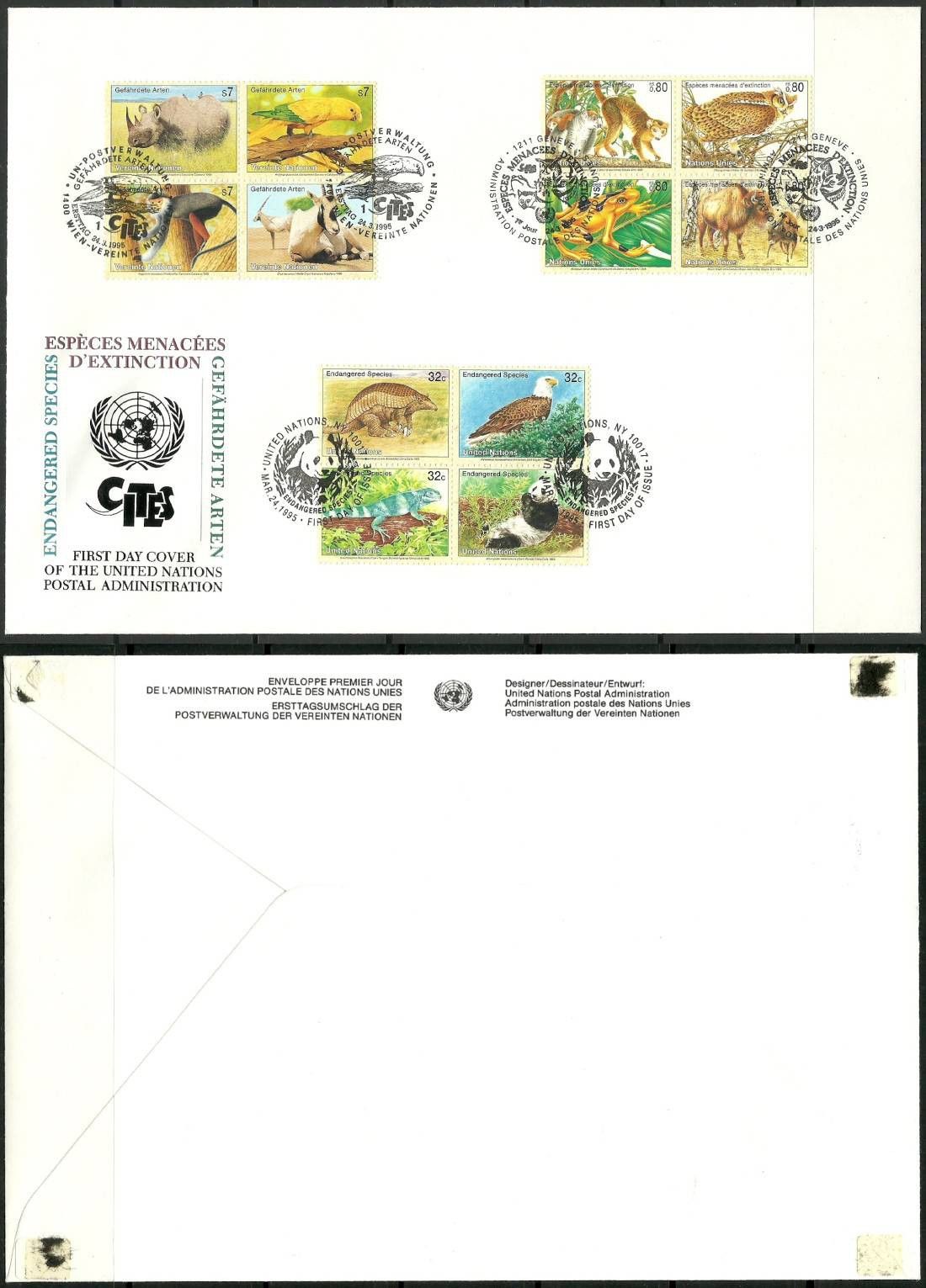 Znaczek Narody Zjednoczone Nowy Jork 1995 Mi 681-4+UNG263-6+UNV180-3 FDC