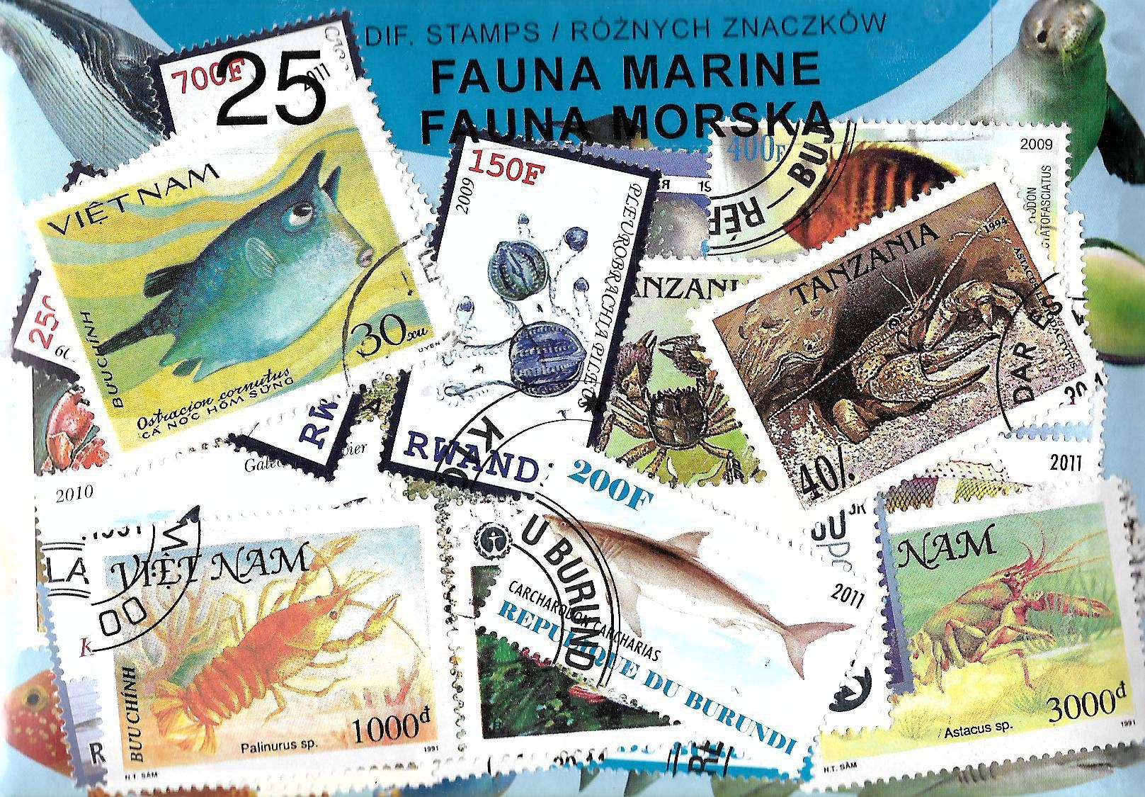 Znaczek Pakiet filatelistyczny FAUNA MORSKA 25 znaczkow