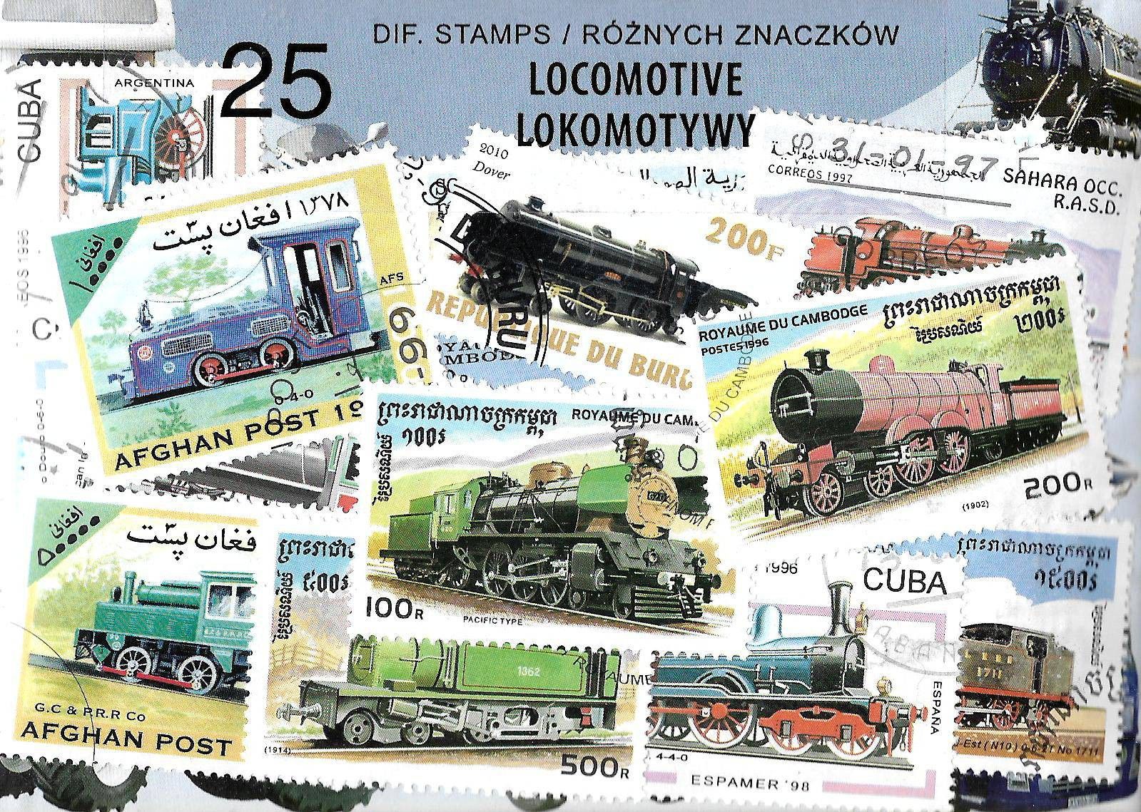 Znaczek Pakiet filatelistyczny LOKOMOTYWY 25 znaczkow