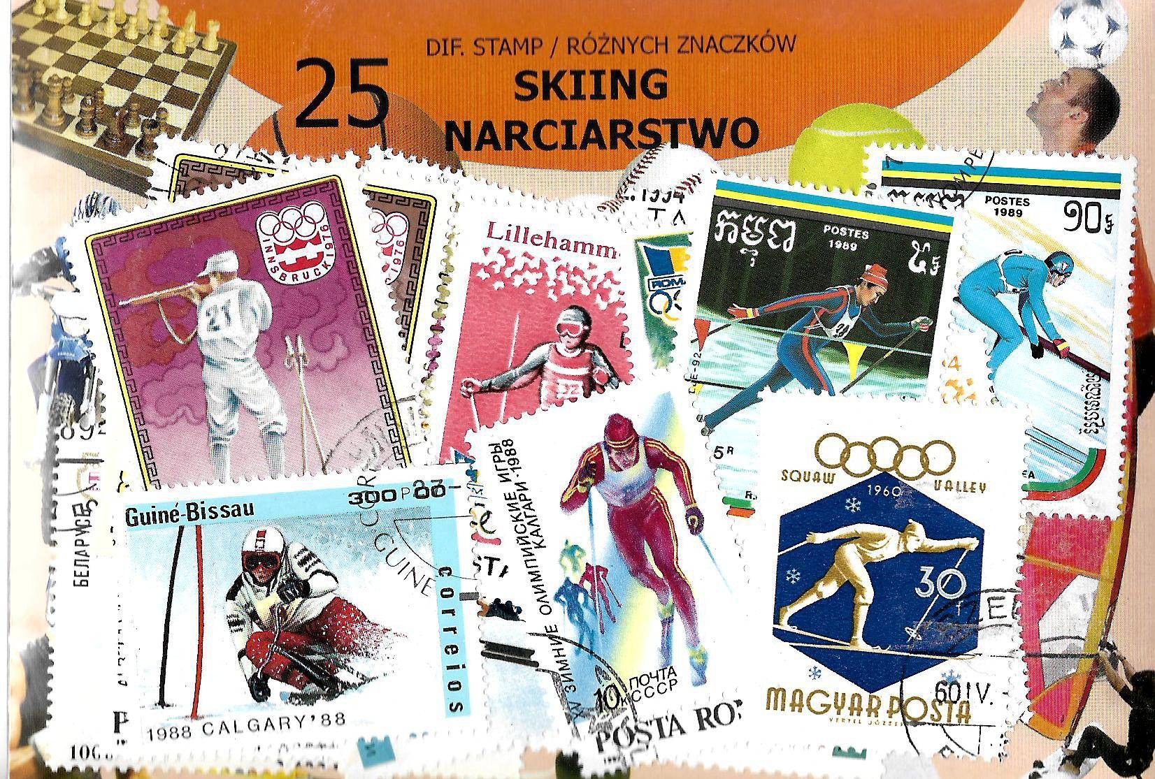 Znaczek Pakiet filatelistyczny NARCIARSTWO 25 znaczkow