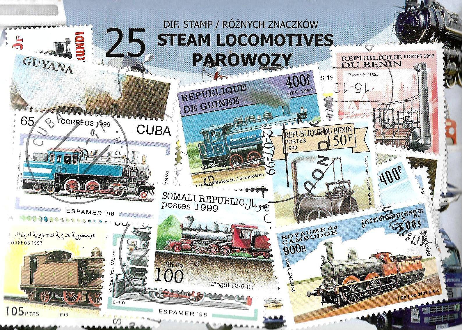 Znaczek Pakiet filatelistyczny PAROWOZY 25 znaczkow