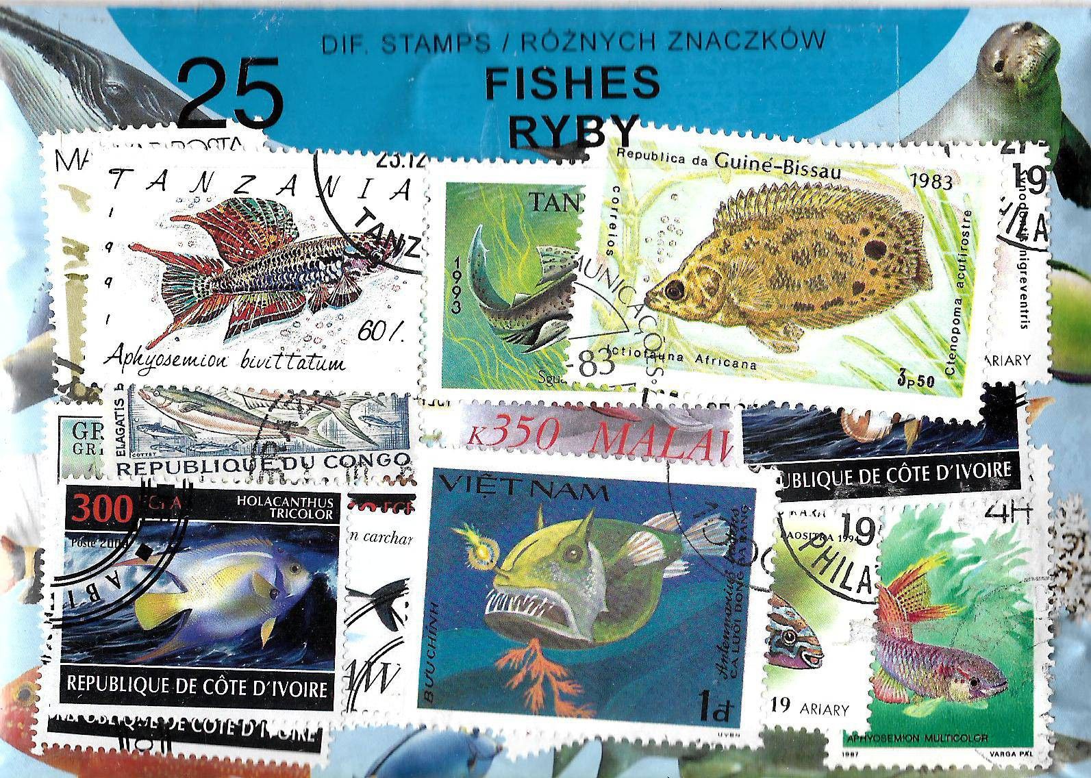 Znaczek Pakiet filatelistyczny RYBY 25 znaczkow