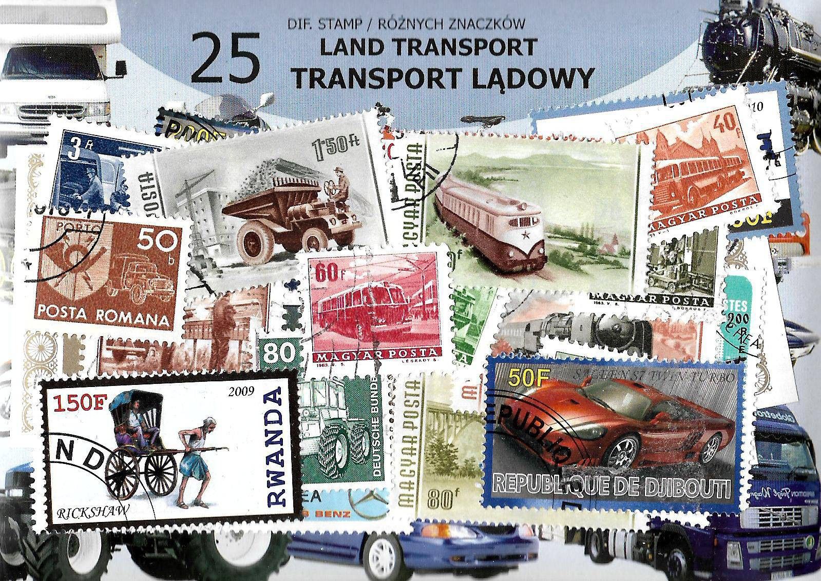 Znaczek Pakiet filatelistyczny TRANSPORT LĄDOWY 25 znaczkow