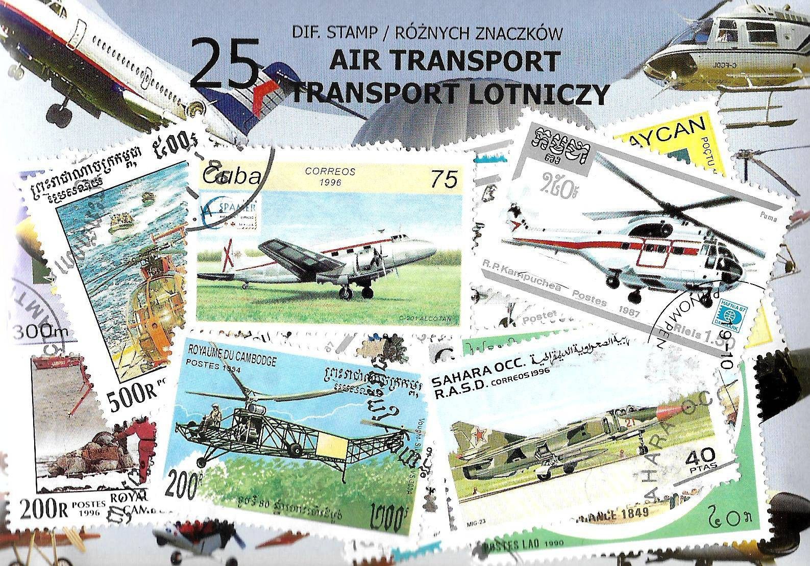 Znaczek Pakiet filatelistyczny TRANSPORT LOTNICZY 25 znaczkow