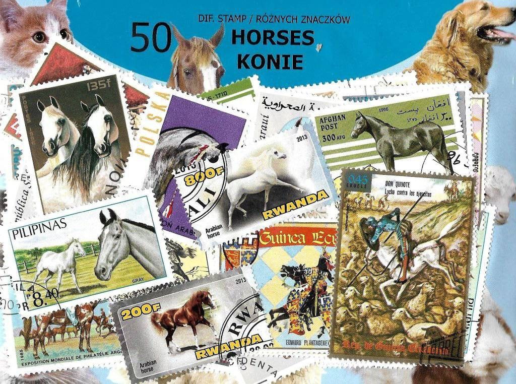 Znaczek Pakiet filatelistyczny KONIE 50 znaczkow