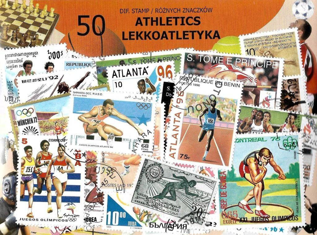 Znaczek Pakiet filatelistyczny LEKKOATLETYKA 50 znaczkow
