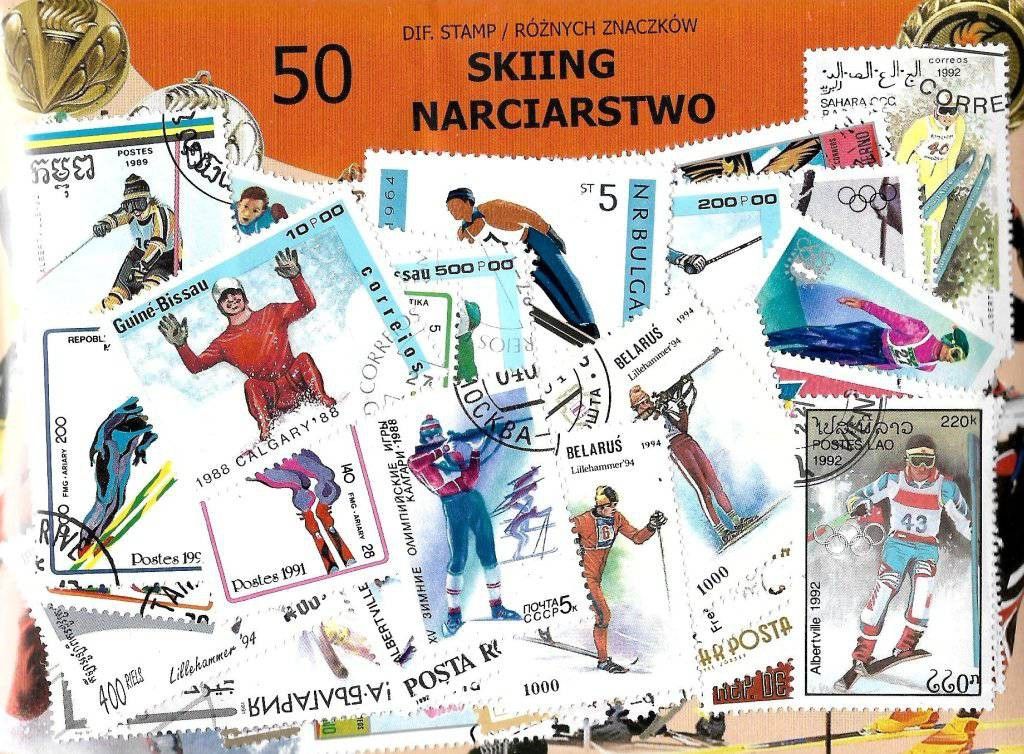 Znaczek Pakiet filatelistyczny NARCIARSTWO 50 znaczkow