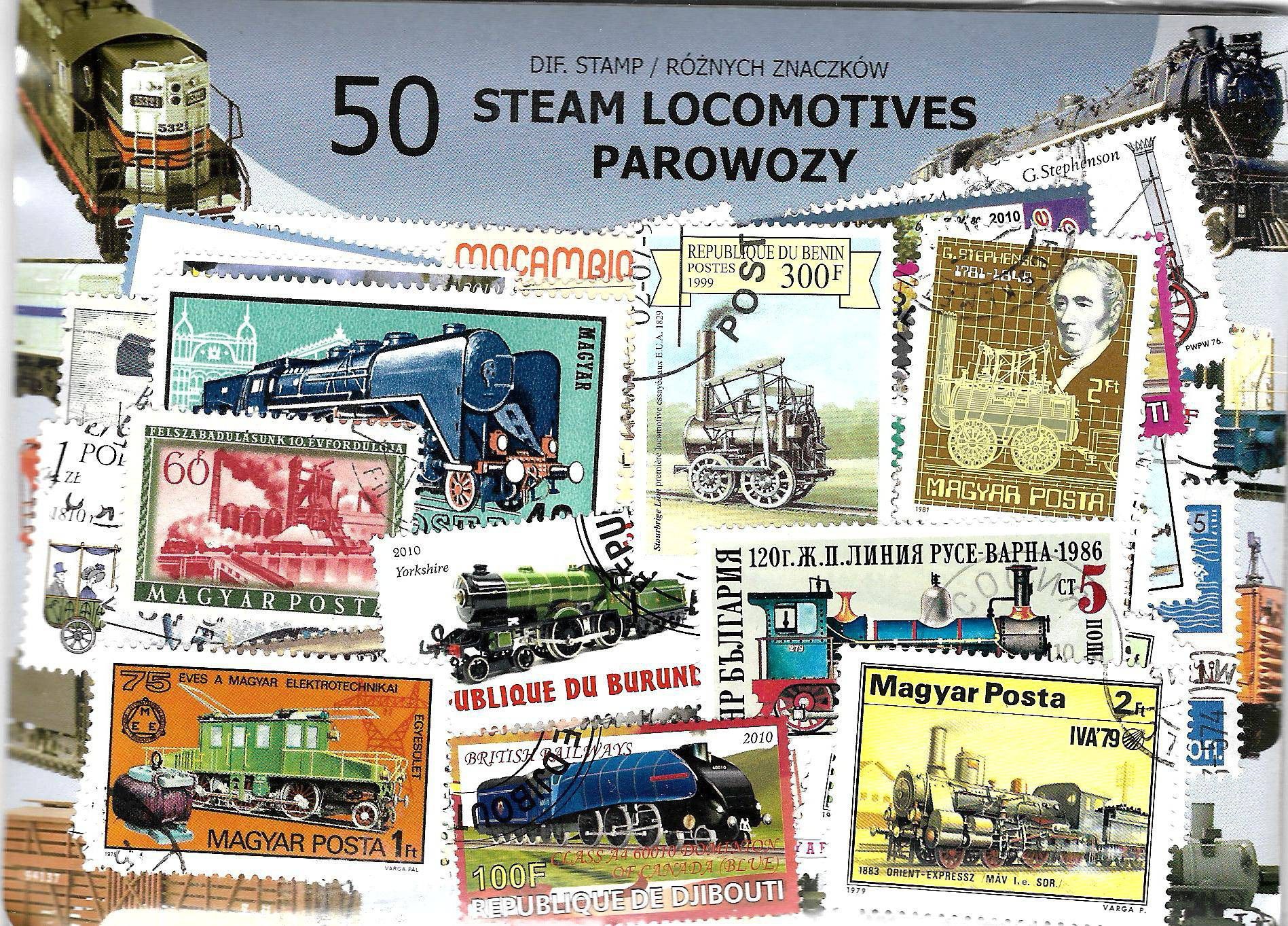 Znaczek Pakiet filatelistyczny PAROWOZY 50 znaczkow