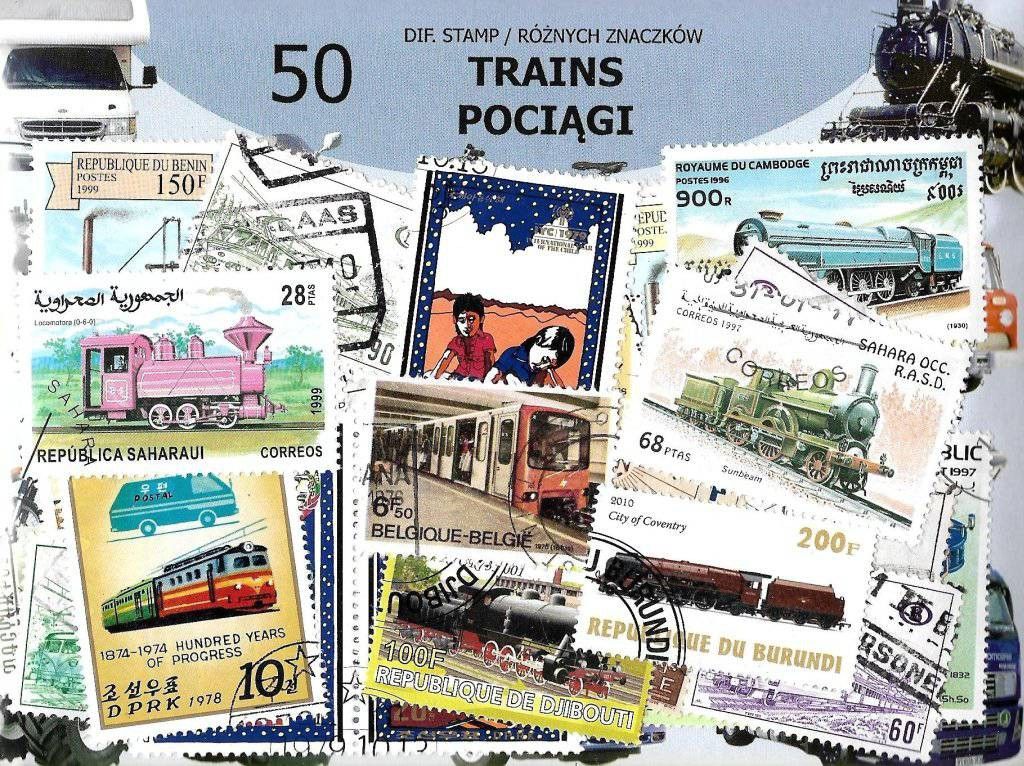 Znaczek Pakiet filatelistyczny POCIĄGI 50 znaczkow
