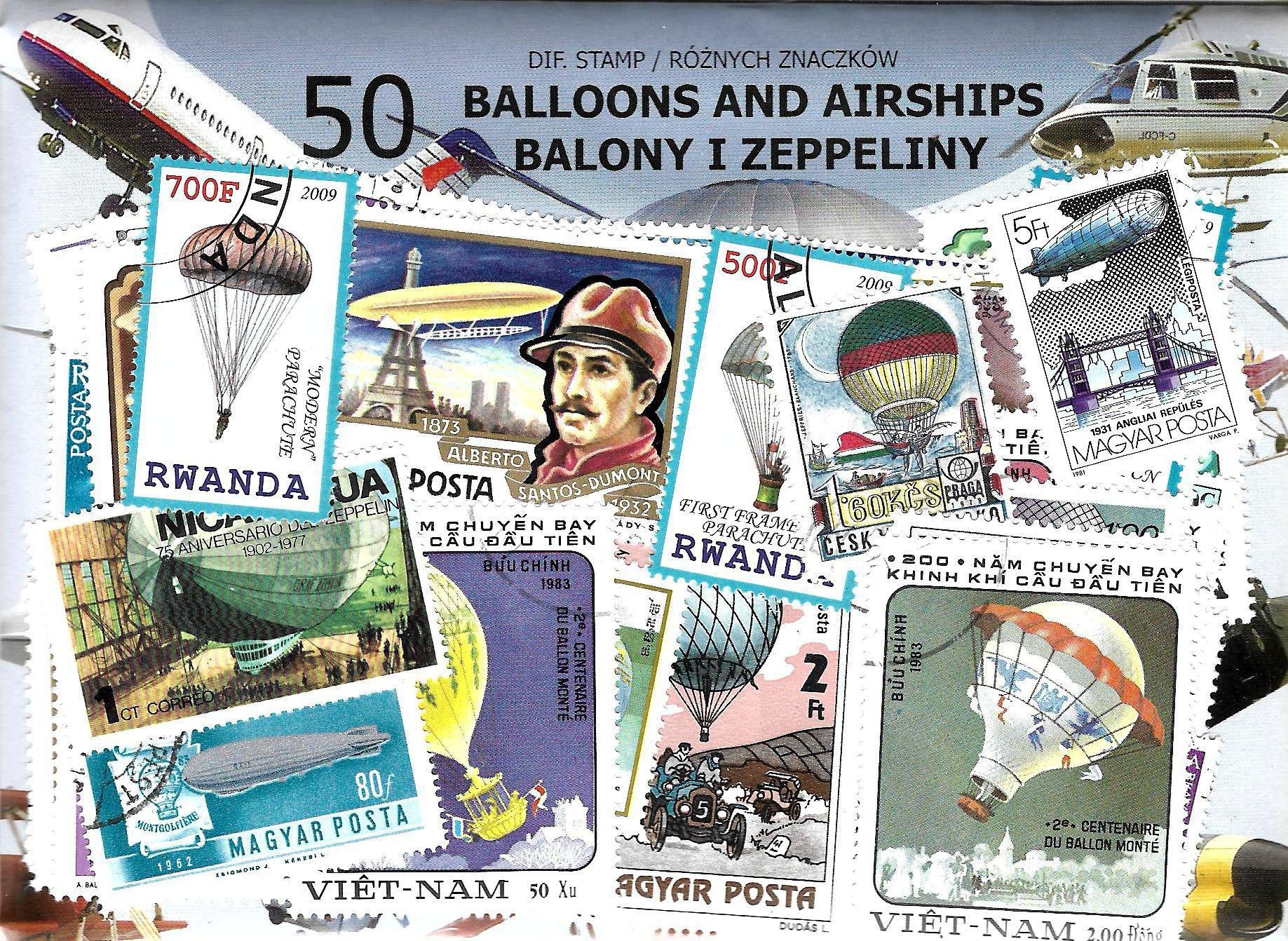Znaczek Pakiet filatelistyczny BALONY I ZEPPELINY 50 znaczkow