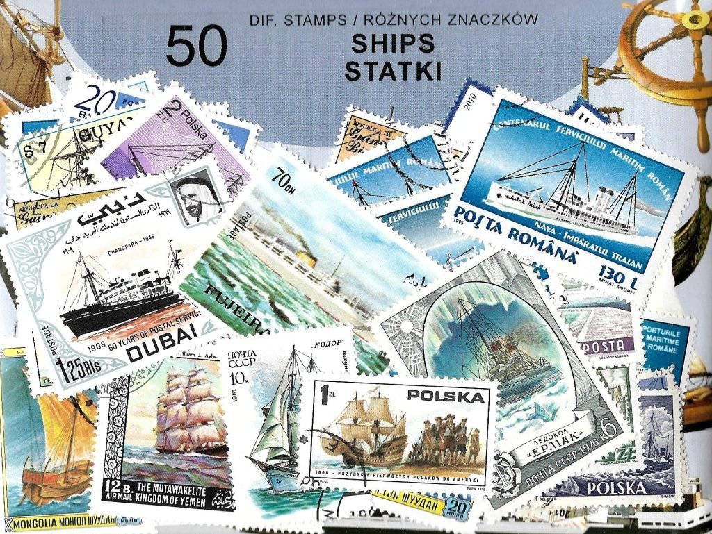 Znaczek Pakiet filatelistyczny STATKI 50 znaczkow