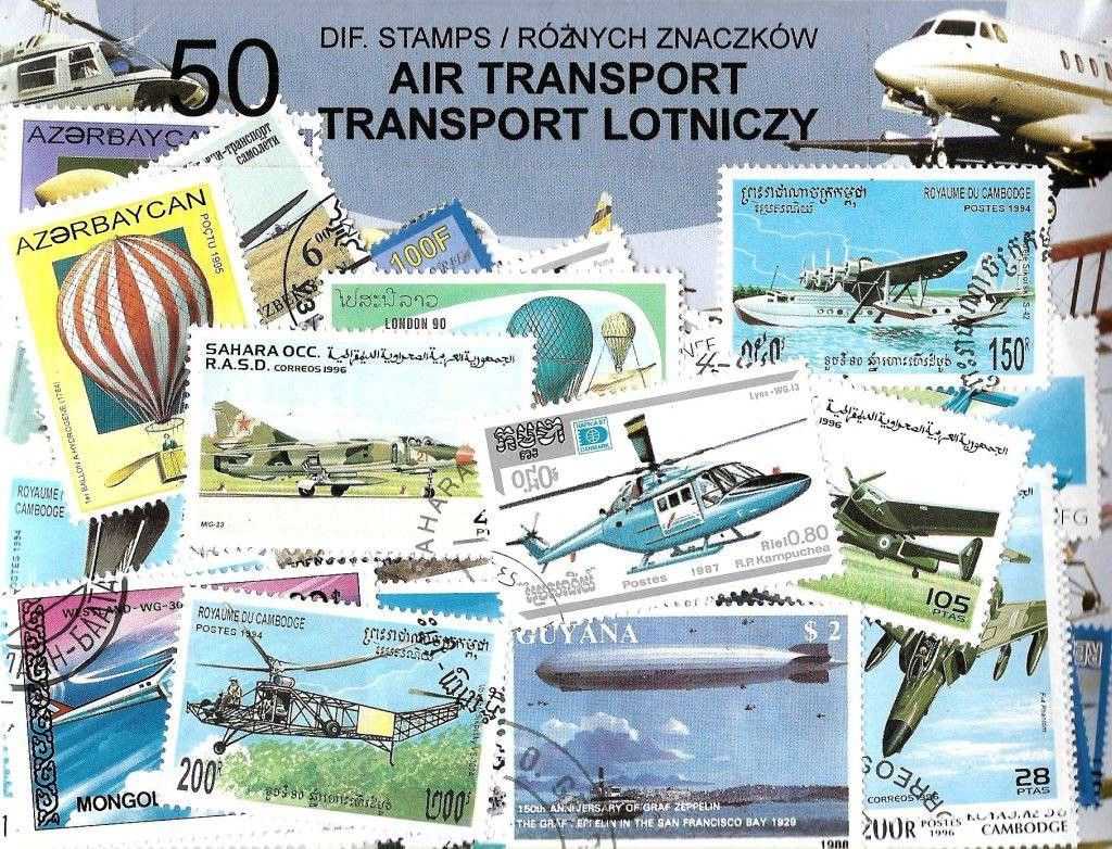 Znaczek Pakiet filatelistyczny TRANSPORT LOTNICZY 50 znaczkow