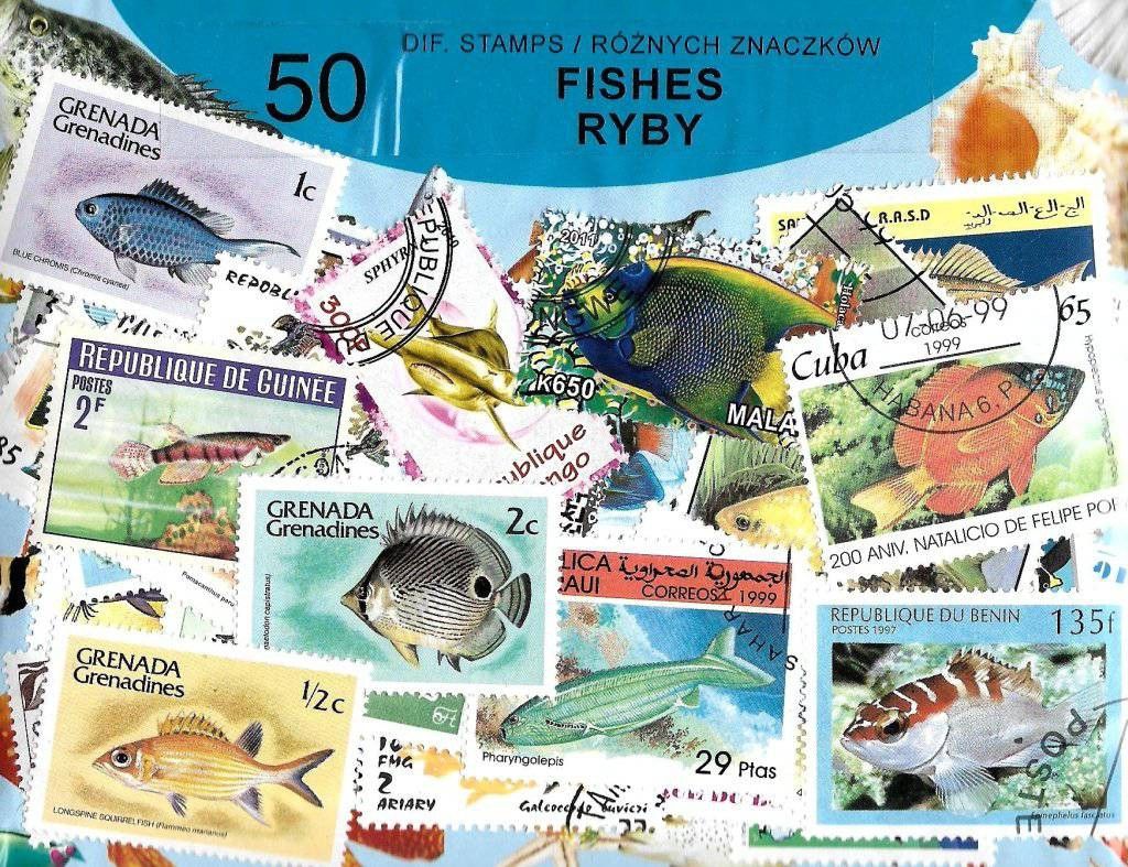 Znaczek Pakiet filatelistyczny RYBY 50 znaczkow