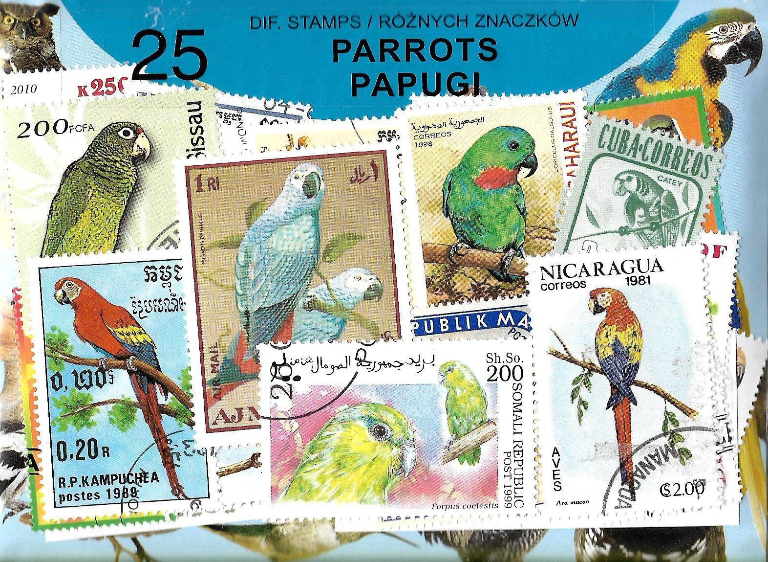 Znaczek Pakiet filatelistyczny PAPUGI 25 znaczkow