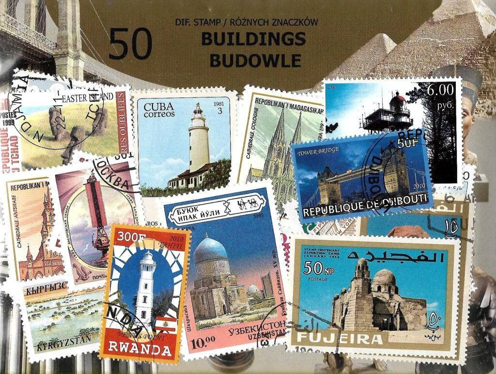 Znaczek Pakiet filatelistyczny BUDOWLE 50 znaczkow