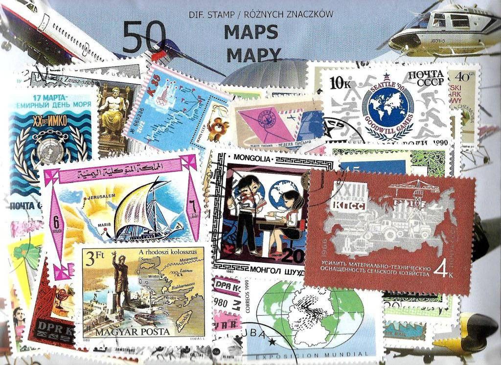 Znaczek Pakiet filatelistyczny MAPY 50 znaczkow