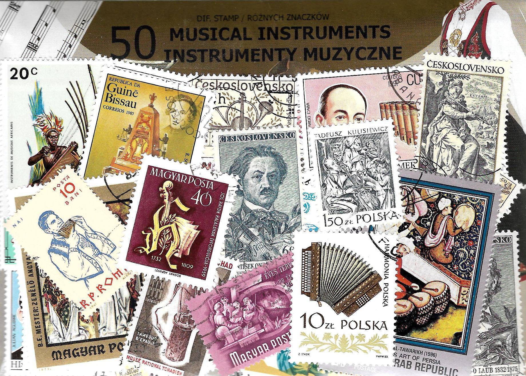 Znaczek Pakiet filatelistyczny INSTRUMENTY MUZYCZNE 50 znaczkow