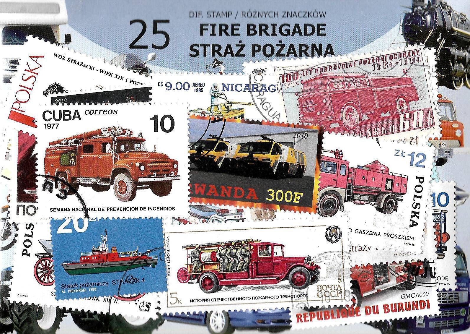 Znaczek Pakiet filatelistyczny STRAŻ POŻARNA 25 znaczkow
