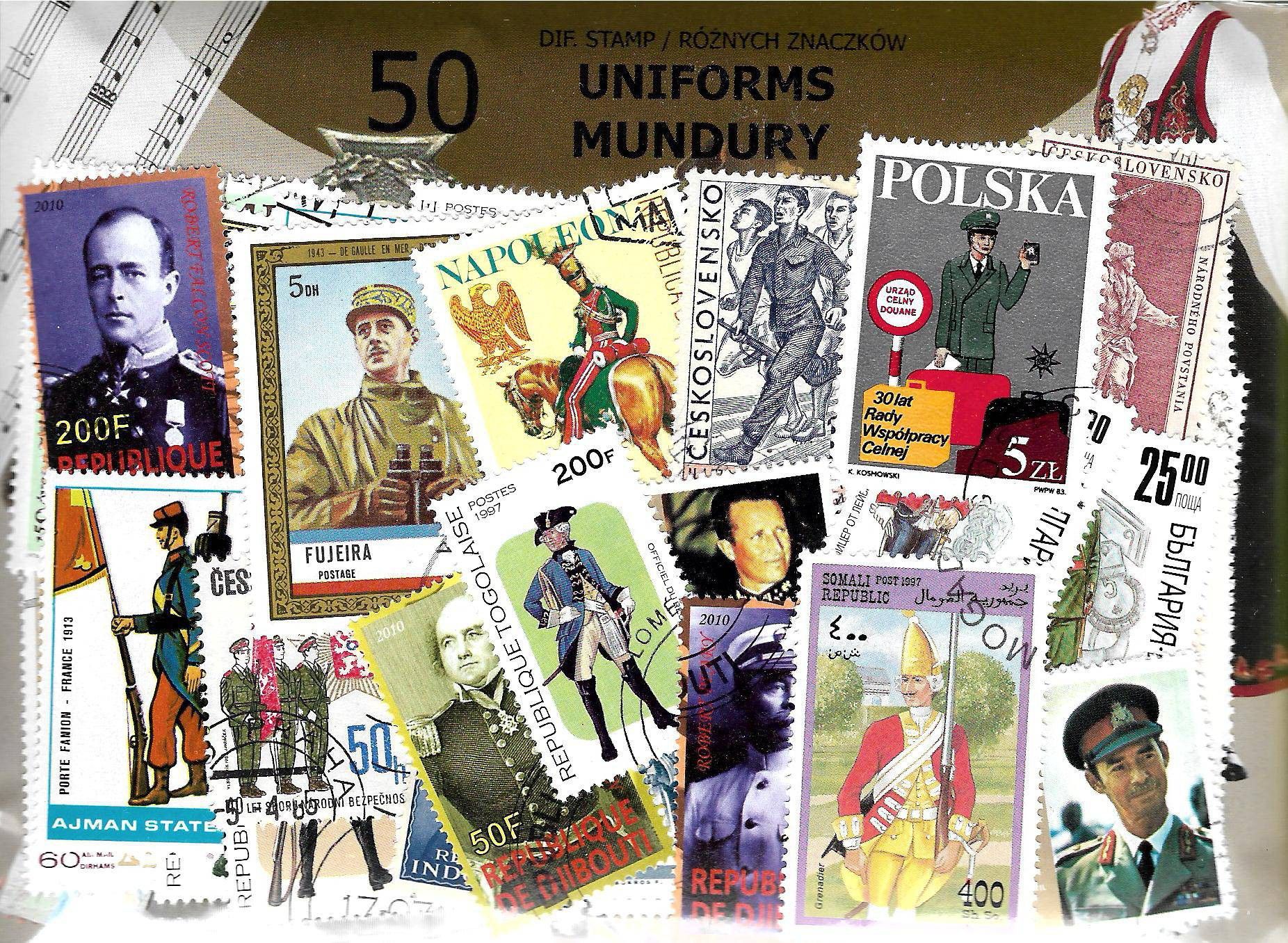 Znaczek Pakiet filatelistyczny MUNDURY 50 znaczkow