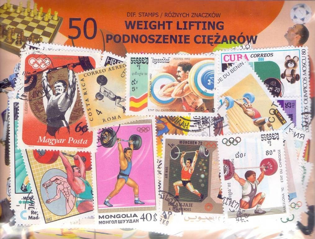 Znaczek Pakiet filatelistyczny PODNOSZENIE CIĘŻARÓW 50 znaczków