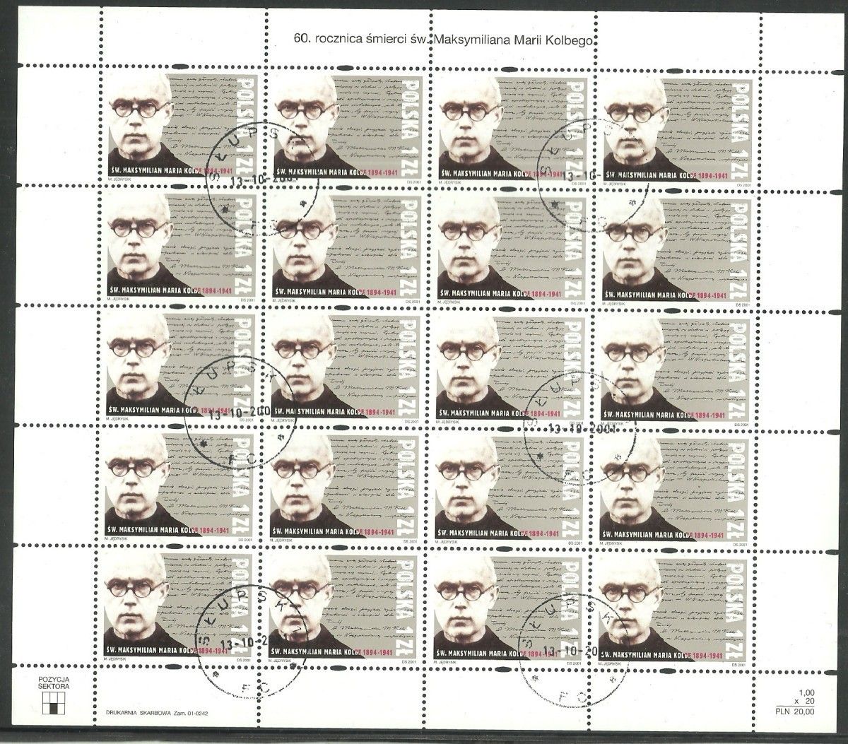 Znaczek Polska 2001 Mi abo ark 3907 Fi ark 3754 Stemplowane