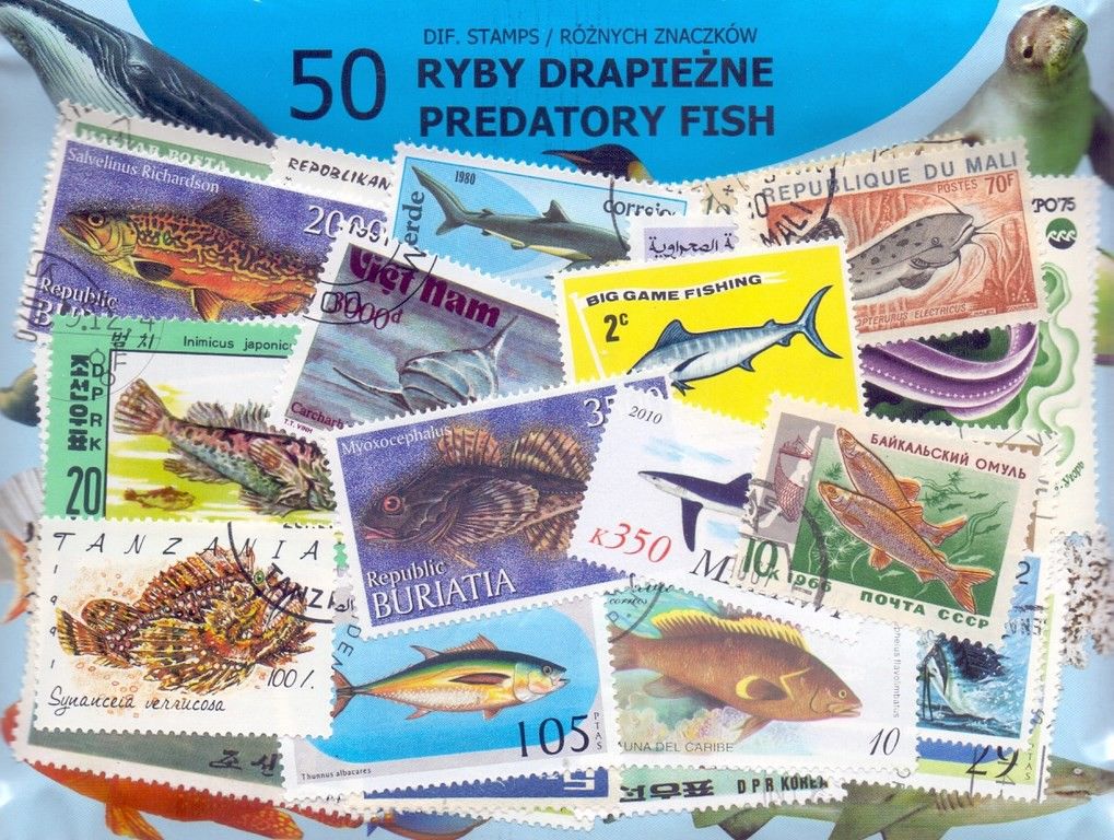 Znaczek RYBY DRAPIEŻNE 50 znaczków