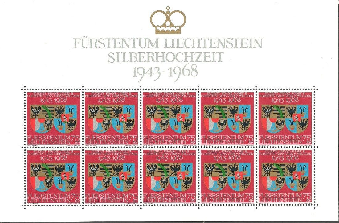 Znaczek Liechtenstein 1968 Mi ark 496 Czyste **