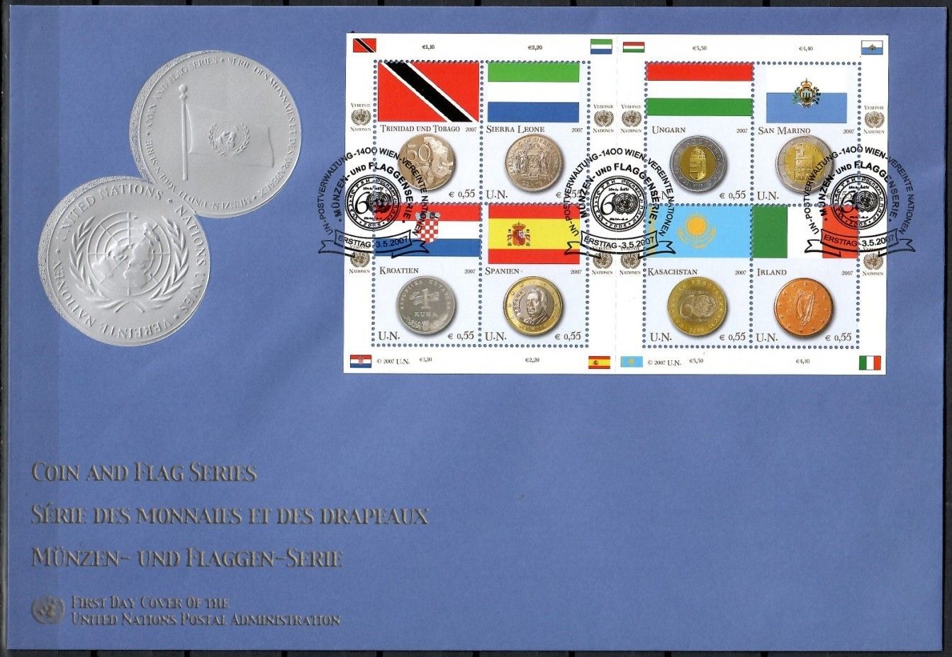 Znaczek Narody Zjednoczone Wiedeń 2007 Mi ark 489-496 FDC