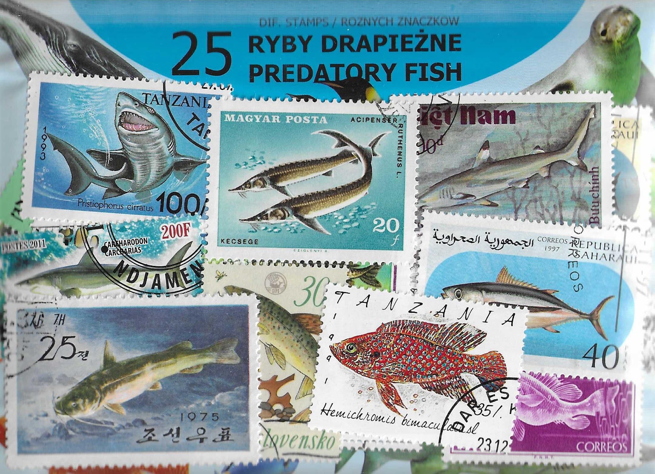 Znaczek RYBY DRAPIEŻNE- 25 znaczków 25 znaczków