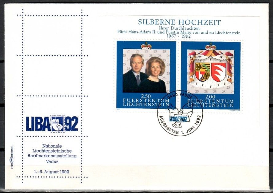 Znaczek Liechtenstein 1992 Mi bl 14 FDC