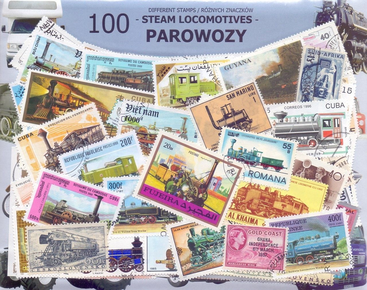 Znaczek 100 - PAROWOZY 100 znaczków znaczków